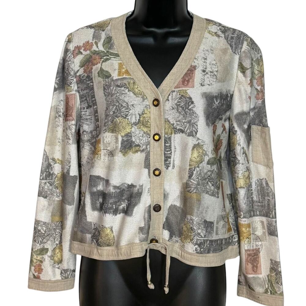 Vtg St John Sport Postcard Print Cardigan Sweater M L Sleeve Pocket Gold Button